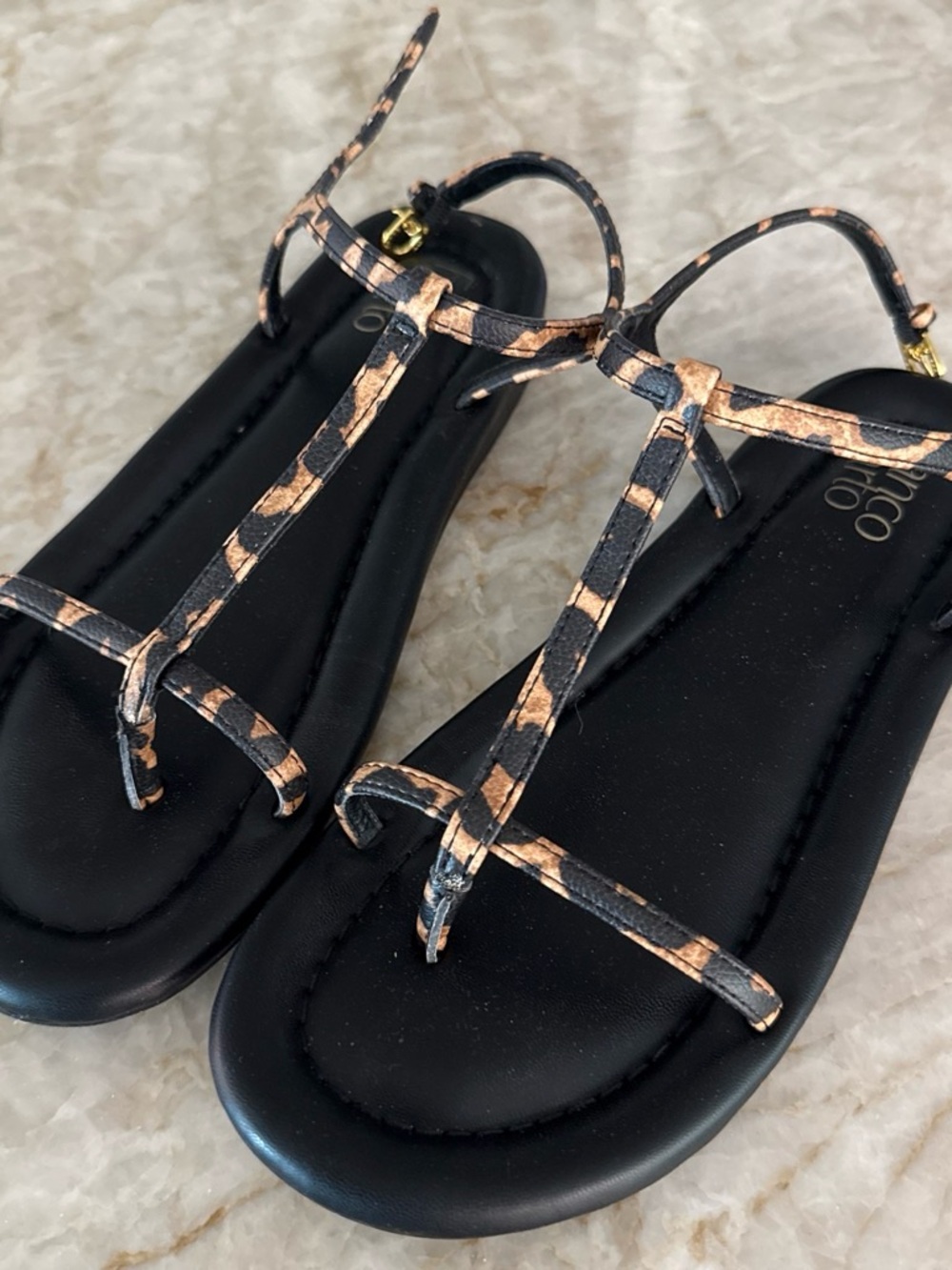 Franco Sarto Black Sandals with Metallic Rose Accents